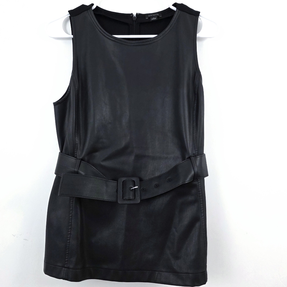 Ann Taylor Belted Panel Tank Top Black Spring Professional Shirt Faux Leather